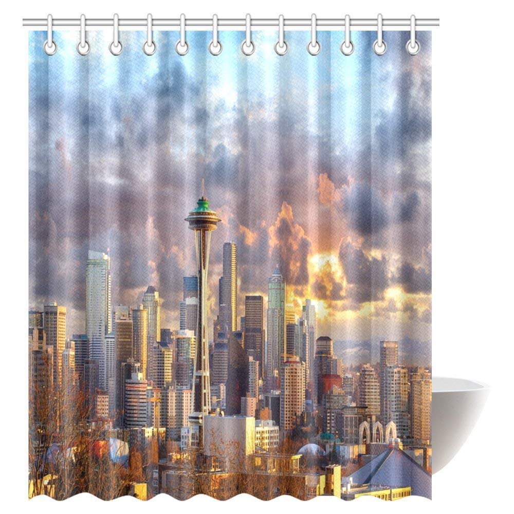 Wanderlust Decor Shower Curtain, Seattle Skyline at Sunset WA USA Sun Lights Through Dramatic Clouds Scene Fabric Bathroom Shower Curtain with Hooks