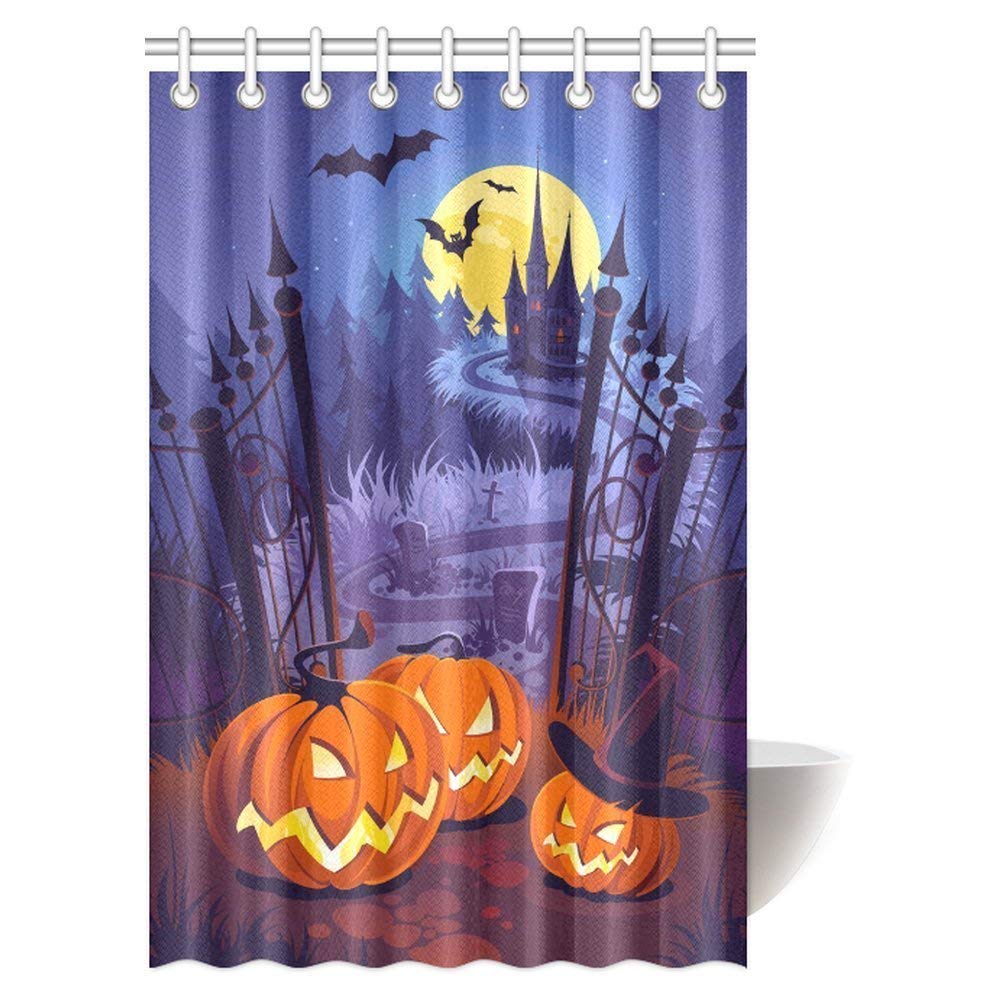 Halloween Pumpkins and Dark Castle on Blue Moon Background Bathroom Shower Curtain with Hooks