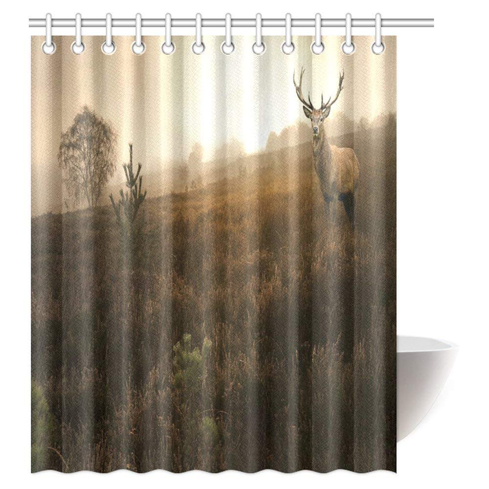 Beautiful Red Deer Stag Decor Shower Curtain, Forest Landscape of Foggy Misty Forest in Autumn Fall Bathroom Set with Hooks