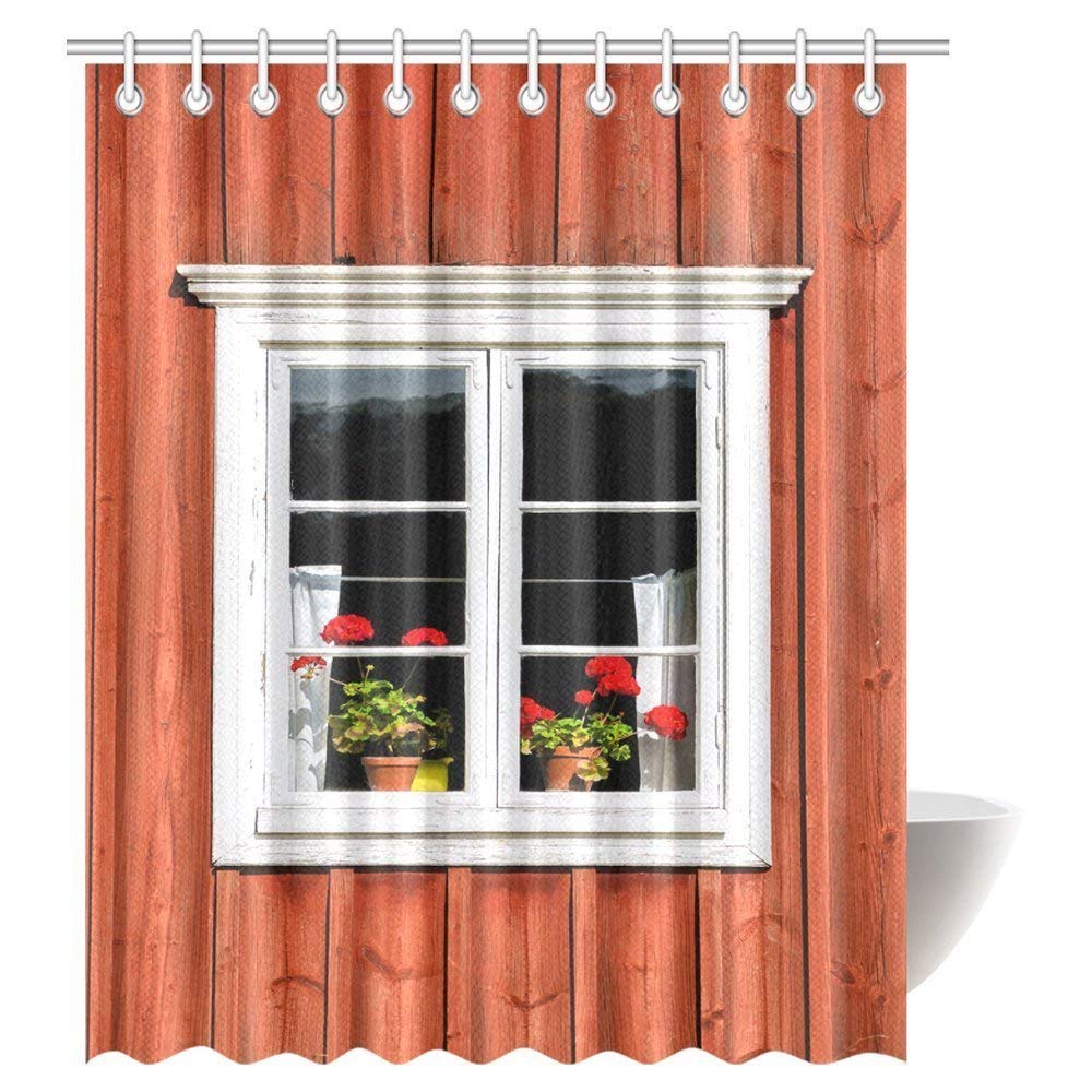 House Decor Shower Curtain, White Window with Red Flowers on Wood House Fabric Bathroom Shower Curtain with Hooks