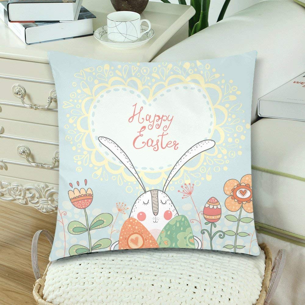 Cute Easter Rabbit with Eggs and Flowers Throw Pillow Covers 18x18