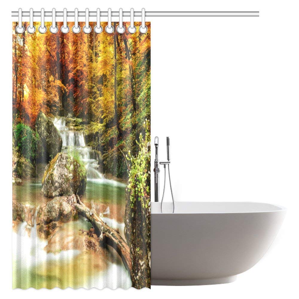 Waterfall Shower Curtain, Autumn Creek Woods Yellow Trees and Foliage Rocks in Forest Fabric Bathroom Shower Curtain Set with Hooks