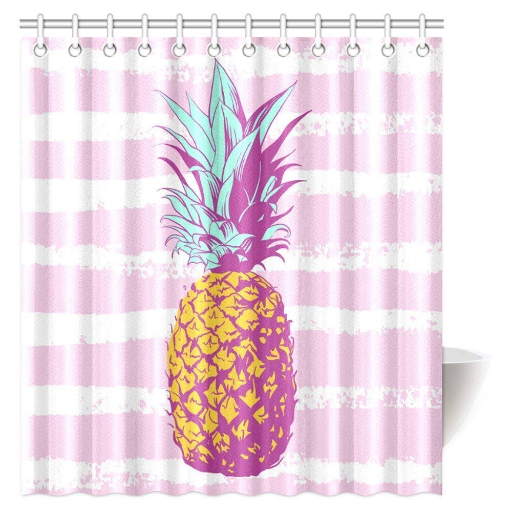 Pineapple with Pink White Striped Shower Curtain, Exotic Tropical Fruit Pineapple Bathroom Decor Shower Curtain Set with Hooks