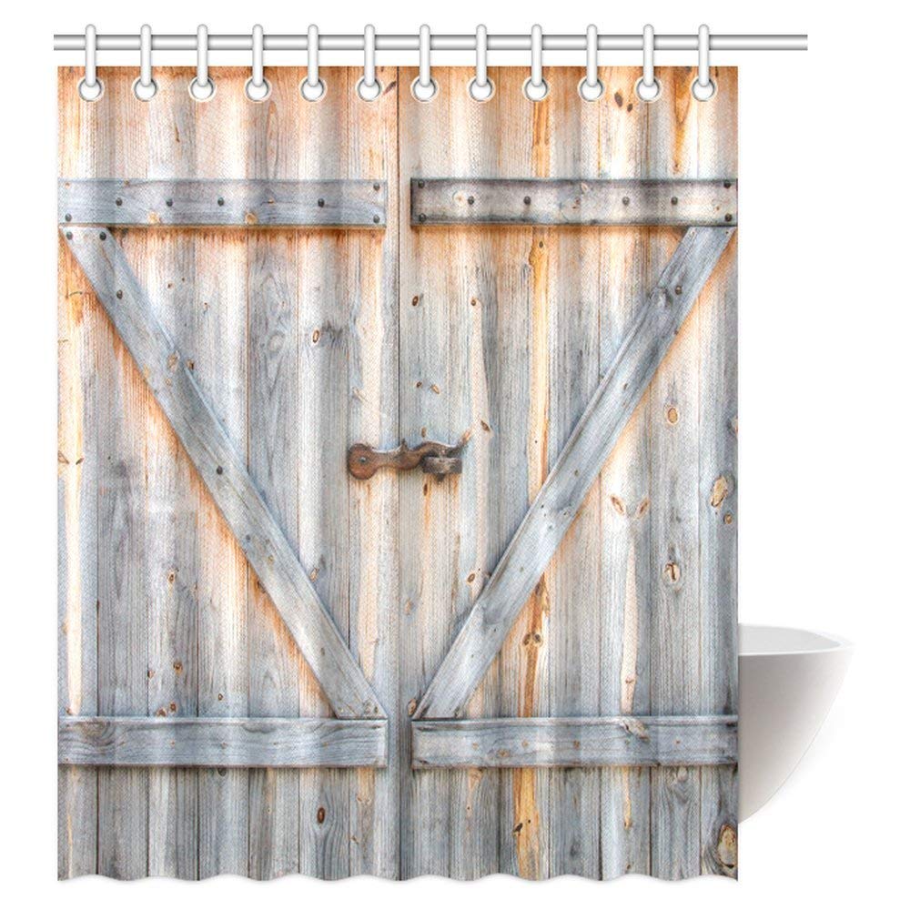 Farmhouse Wooden Door Shower Curtain Brown, Old Wooden Garage Door American Style Decorations For Bathroom Print Vintage Rustic Theme Antiqued Look Polyester Bronze Charcoal