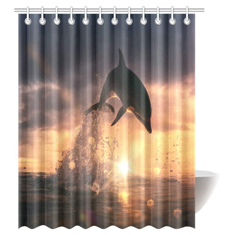 Marine Nautical Animals Fish Shower Curtain, Beautiful Sunset Time at the Sea and Playful Dolphin Leaping Water with Splashes Bathroom Set with Hooks