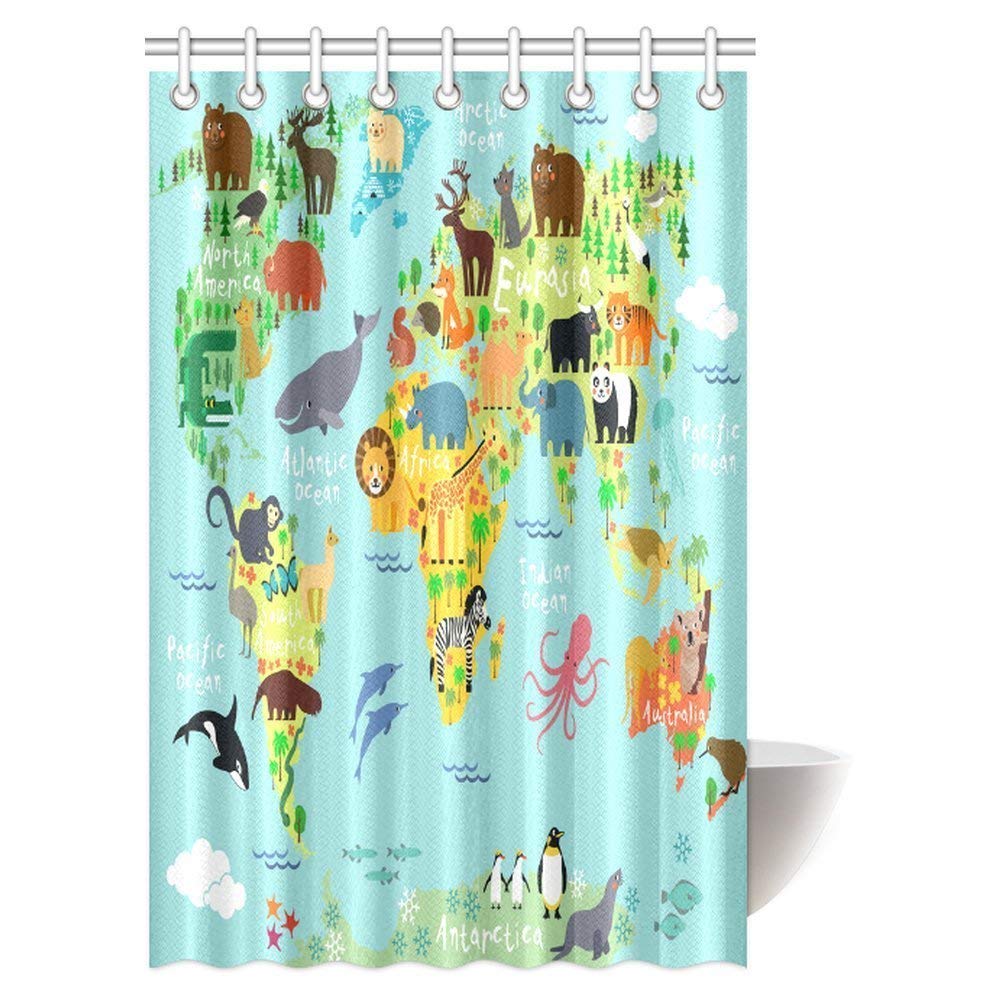 Children Kids Shower Curtain Decor, Animal Map of the World for Children and Kids Cartoon Ocean Mountains Forests Fabric Bathroom Set with Hooks,  Green Yellow Blue