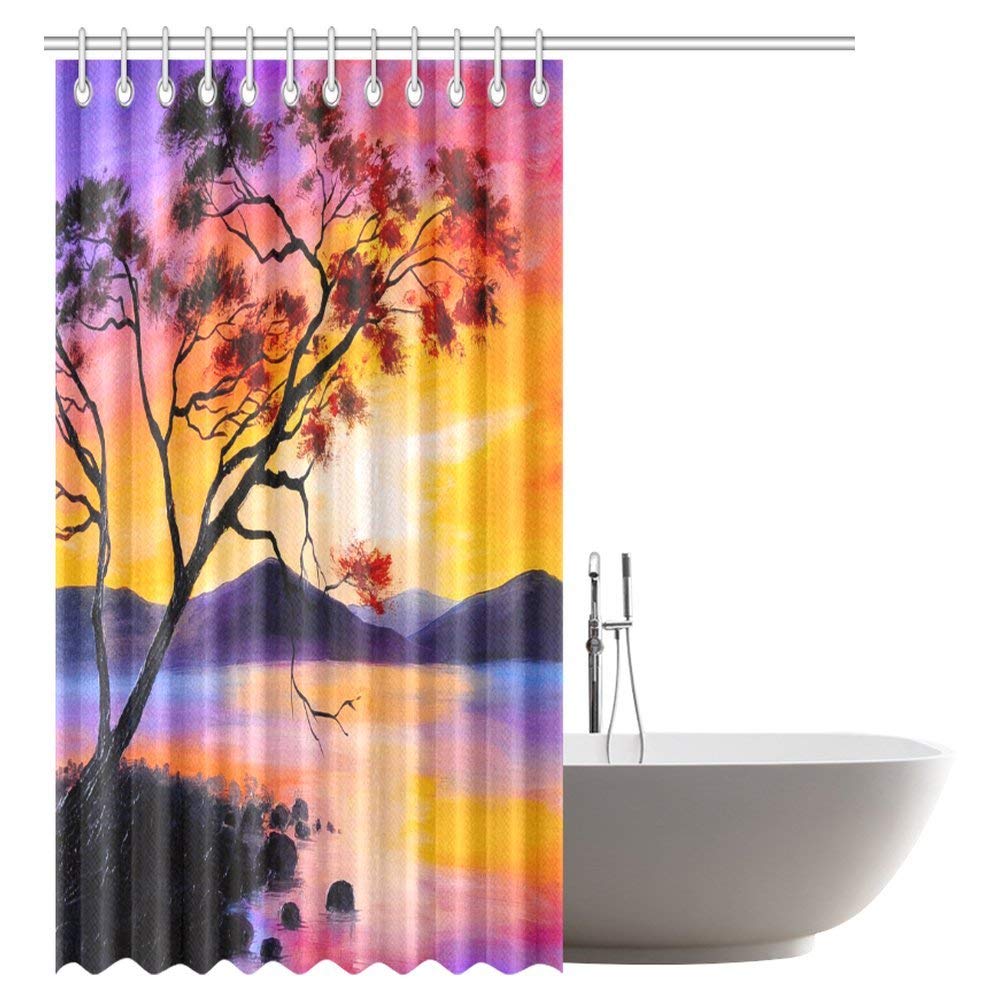 Oil Painting Shower Curtain, Colorful Sunset on the Lake Bathroom Shower Curtain Set with Hooks