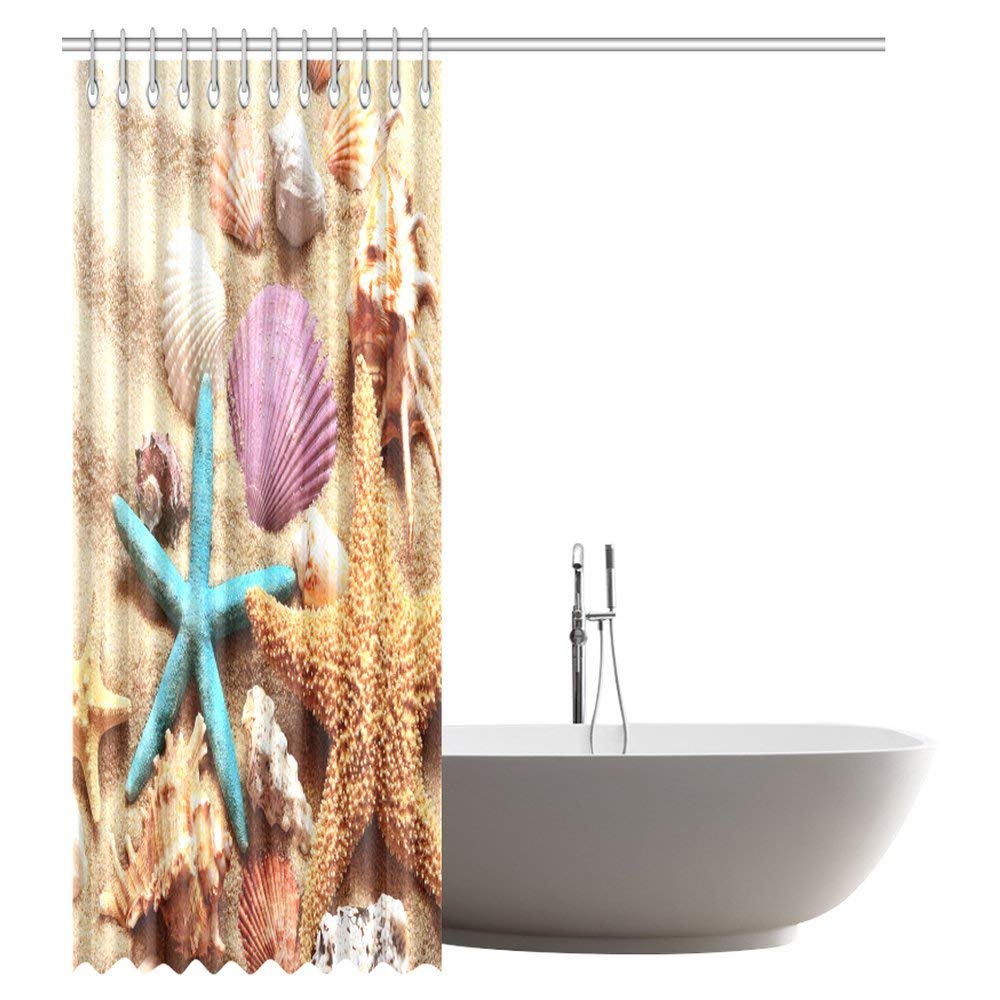 Beach Theme Bathroom Shower Curtain, Seashell Starfish Sand Mildew Resistant Waterproof Polyester Fabric Shower Curtain Bathroom Sets with Hooks, 69 X 84 Inches