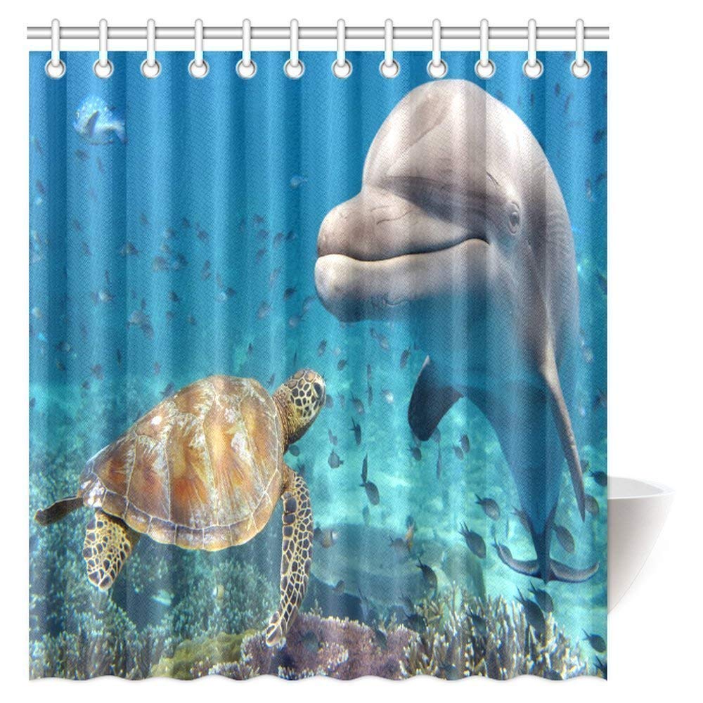 Marine Shower Curtain Decor, Dolphin and Turtle Underwater on Reef Background Bathroom Set with Hooks