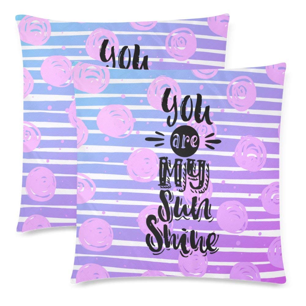 Custom 2 Pack Handwritten Motivation You Are My Sunshine Pillowcase 18x18 Twin Sides, Pink Purple Art with Sunshine Quote Cotton Zippered Throw Cushion Pillow Case Covers Set Decorative