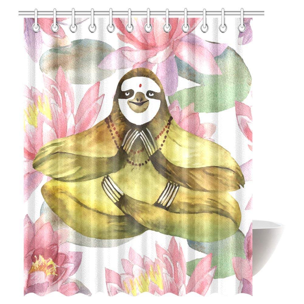 Funny Animal Sloth Shower Curtain, Sloth Yoga Hand Lotus Flowers Fabric Bathroom Shower Curtain