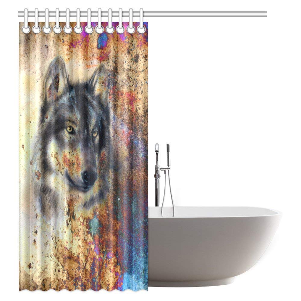 Animal Wolf Shower Curtain, Wolf Painting with Colorful Background Polyester Fabric Bathroom Shower Curtai