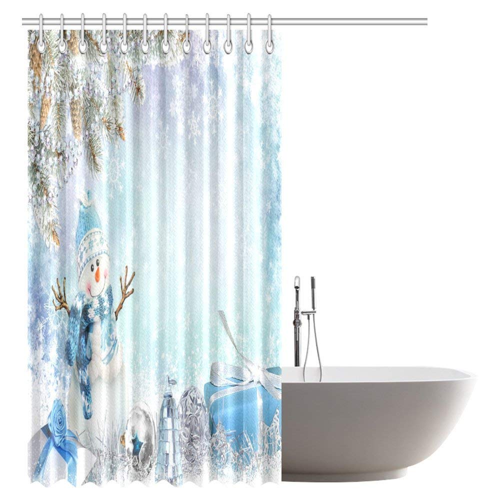 Christmas Decorations Collection, Christmas Greeting Cute Snowman and Gifts Pine Branches Winter Landscape Bathroom Shower Curtain Set with Hooks