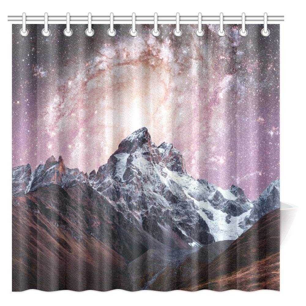 Snow-capped Peaks Shower Curtain, Fantastic Starry Sky Mountains Fabric Bathroom Shower Curtain