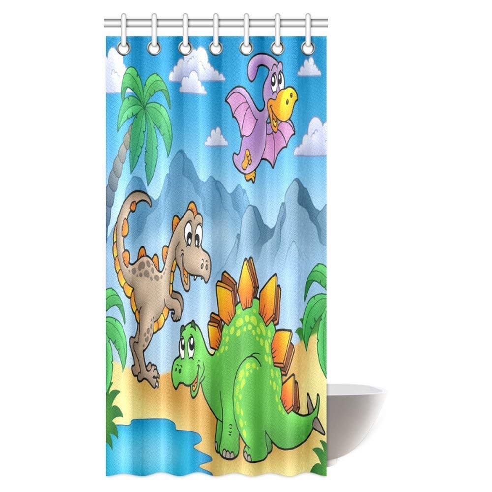 Cartoon Decor Collection, Cute Animal Dinosaur Jungle Landscape Kids Baby Theme Fabric Bathroom Shower Curtain with Hooks