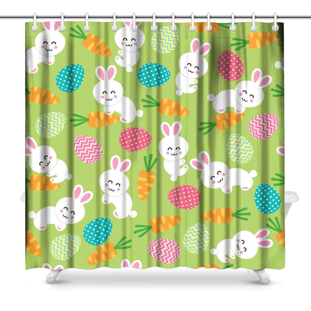 Easter Pattern with Eggs Rabbit and Carrots Polyester Fabric Bathroom Shower Curtain Set