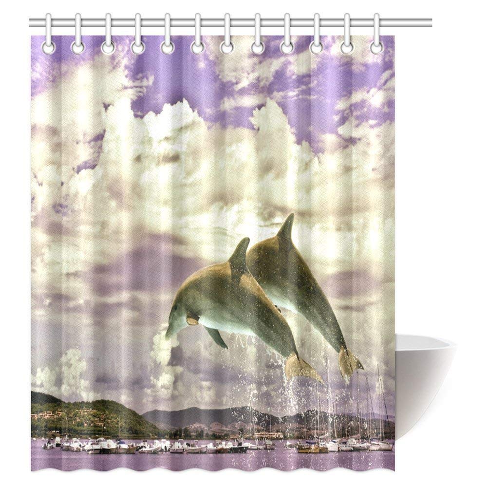 Marine Nautical Animals Fish Decor Collection, Couple of Dolphins Jumping at Sea Life Sunset Ocean Water Waves Bathroom Shower Curtain Set with Hooks