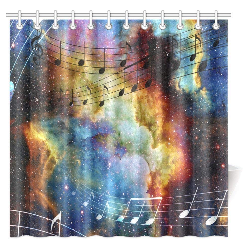 Galaxy Music Shower Curtain, Modern Musical Artwork Classroom Music Note Space and Stars Fabric Bathroom Shower Curtain 