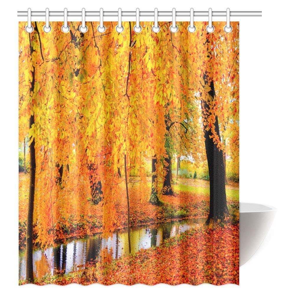 Autumn Fall Forest Shower Curtain Decor, Autumn Fall Forest Scenery with Golden Leafs Trees Woods Art Bathroom Set with Hooks