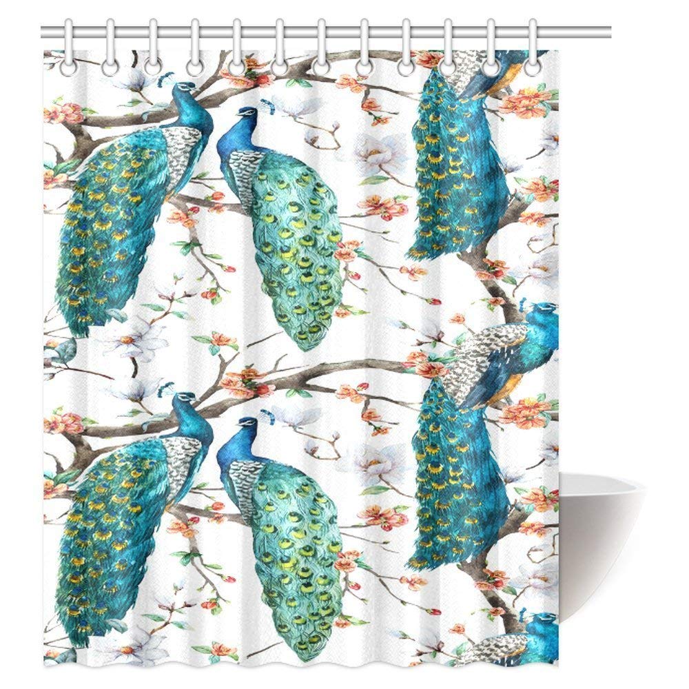 Peacock Decor Collection, Abstract Peacocks on Blossom Tree Branch Ornate Fabric Bathroom Shower Curtain Set with Hooks