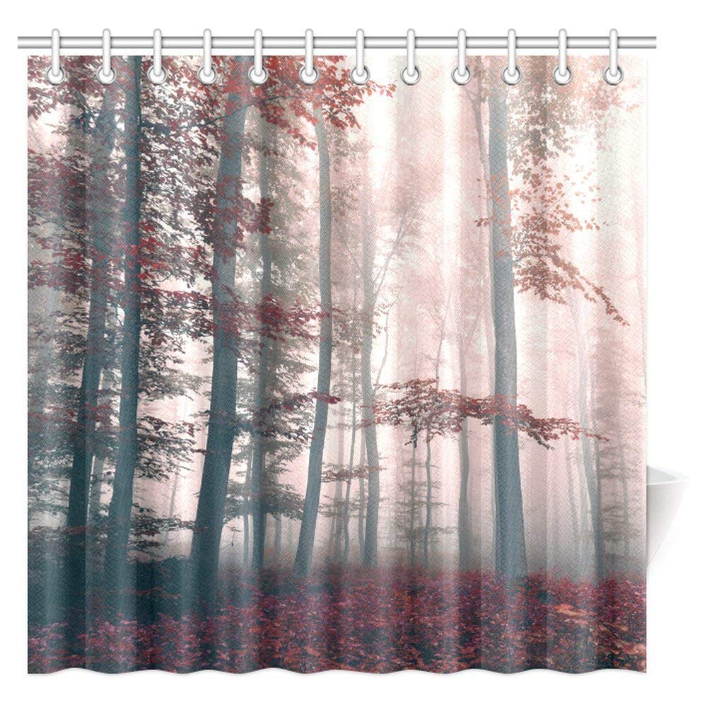 Red Mystic Forest Mystical Charcoal Foggy Country Decor, Mystic Forest Trees and Leaves Red Grass Modern Art Flower Rainy Foggy Gray Scene Fabric Shower Curtain 72 X 72 Inches