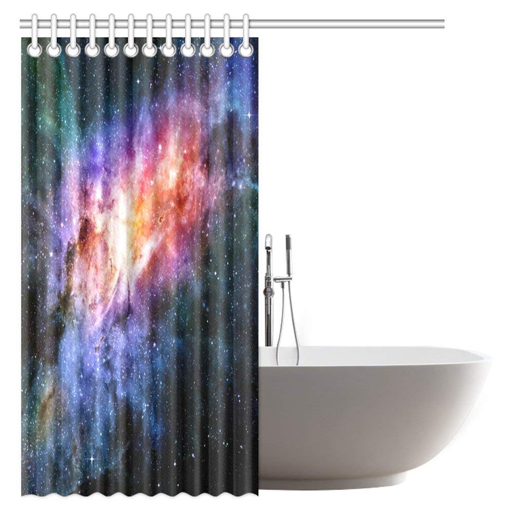 Space Decorations Collection, Starry Deep Outer Space Nebula And Galaxy In The Universe Celestial Print Design Polyester Fabric Bathroom Curtain Set, Navy Orange Purple