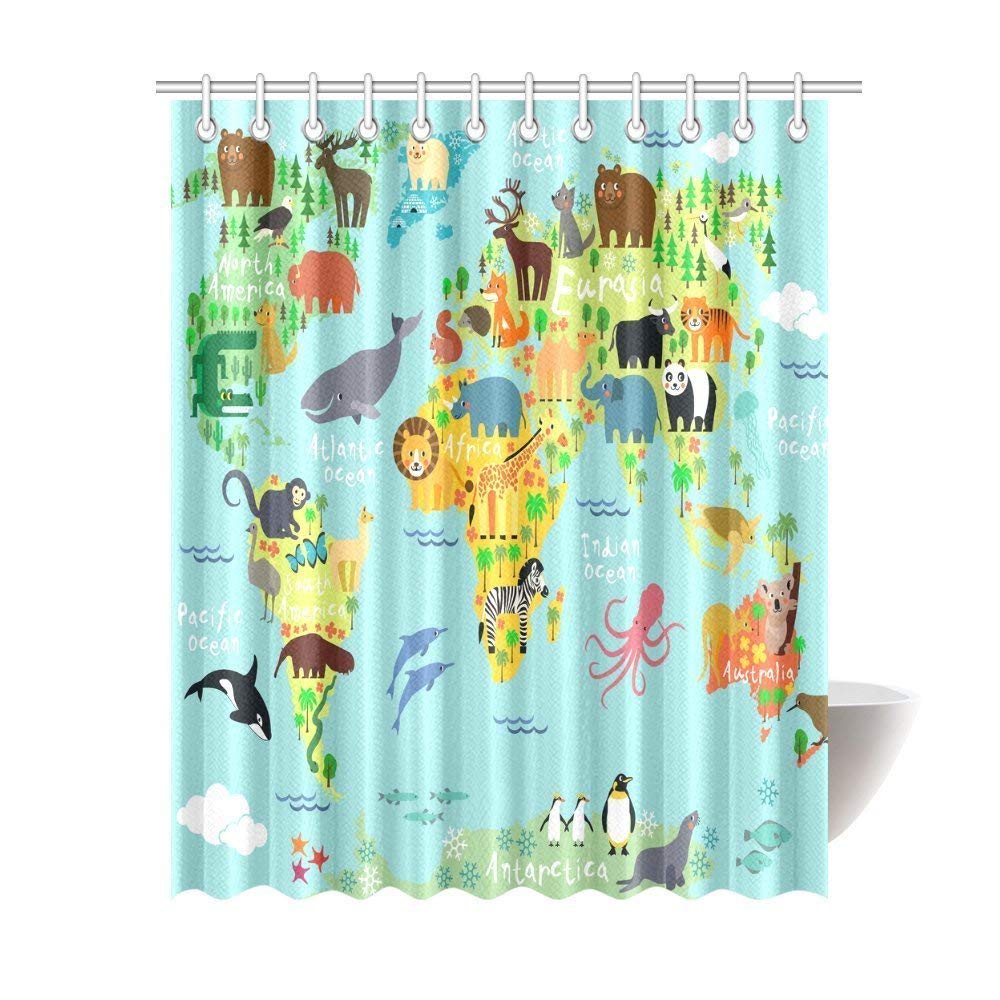 Children Kids Shower Curtain Decor, Animal Map of the World for Children and Kids Cartoon Ocean Mountains Forests Fabric Bathroom Set with Hooks,  Green Yellow Blue