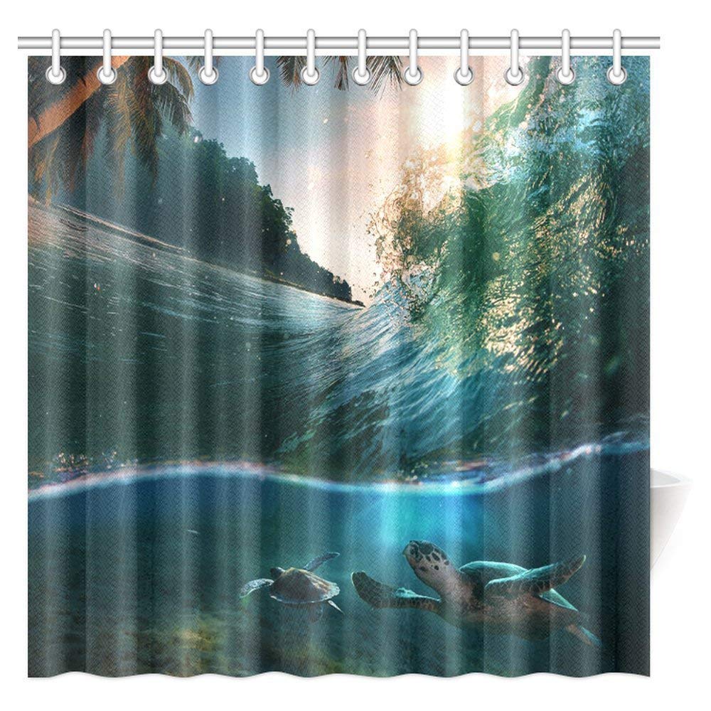 Tropical Ocean Shower Curtain, Turtle Swimming Underwater Fabric Bathroom Shower Curtain with Hooks