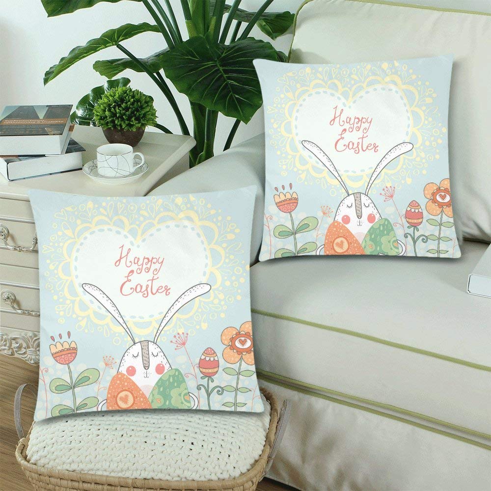 Cute Easter Rabbit with Eggs and Flowers Throw Pillow Covers 18x18