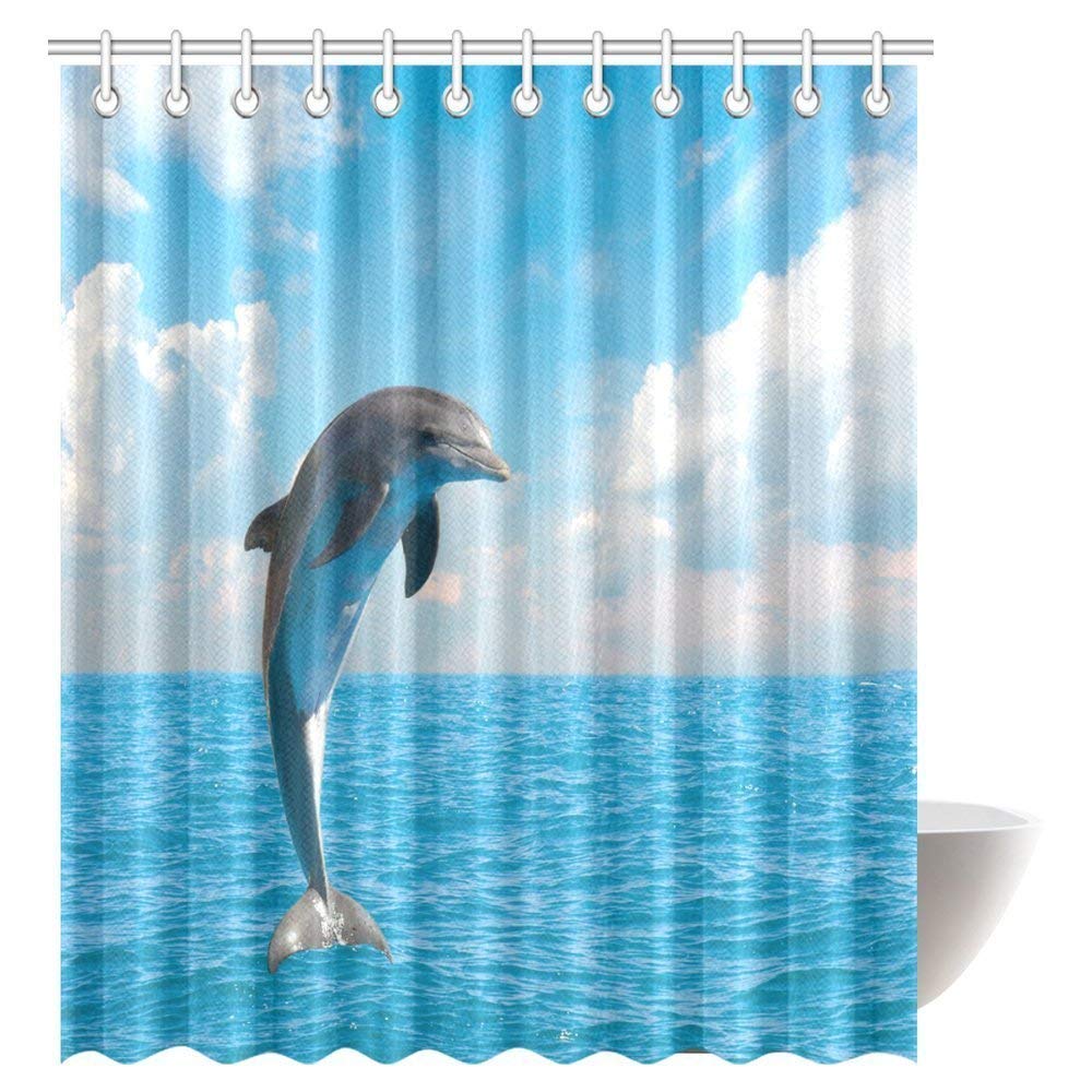 Jumping Dolphin Shower Curtain, Beautiful Seascape with Deep Ocean Waters and Cloudscape Fabric Shower Curtain Set with Hooks