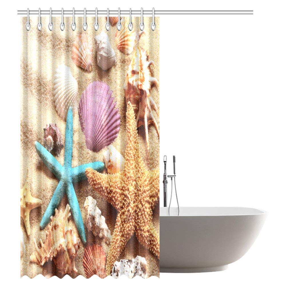 Beach Theme Bathroom Shower Curtain, Seashell Starfish Sand Mildew Resistant Waterproof Polyester Fabric Shower Curtain Bathroom Sets with Hooks, 69 X 84 Inches