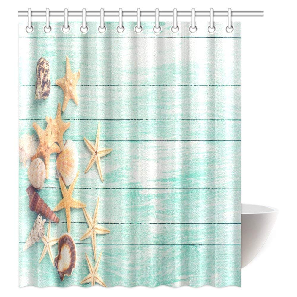 Seashell and Starfish Sea Life Exotic Romance Romantic Vacation Beach Rustic Wooden Planks Decor Bathroom Shower Curtain Set with Hooks