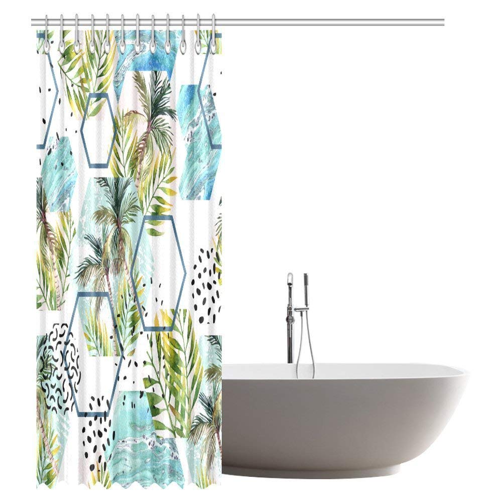 Palm Trees Shower Curtain, Watercolor Summer Tropical Leaves and Palm Trees Shapes Fabric Bathroom Shower Curtain 69 X 84 Inches