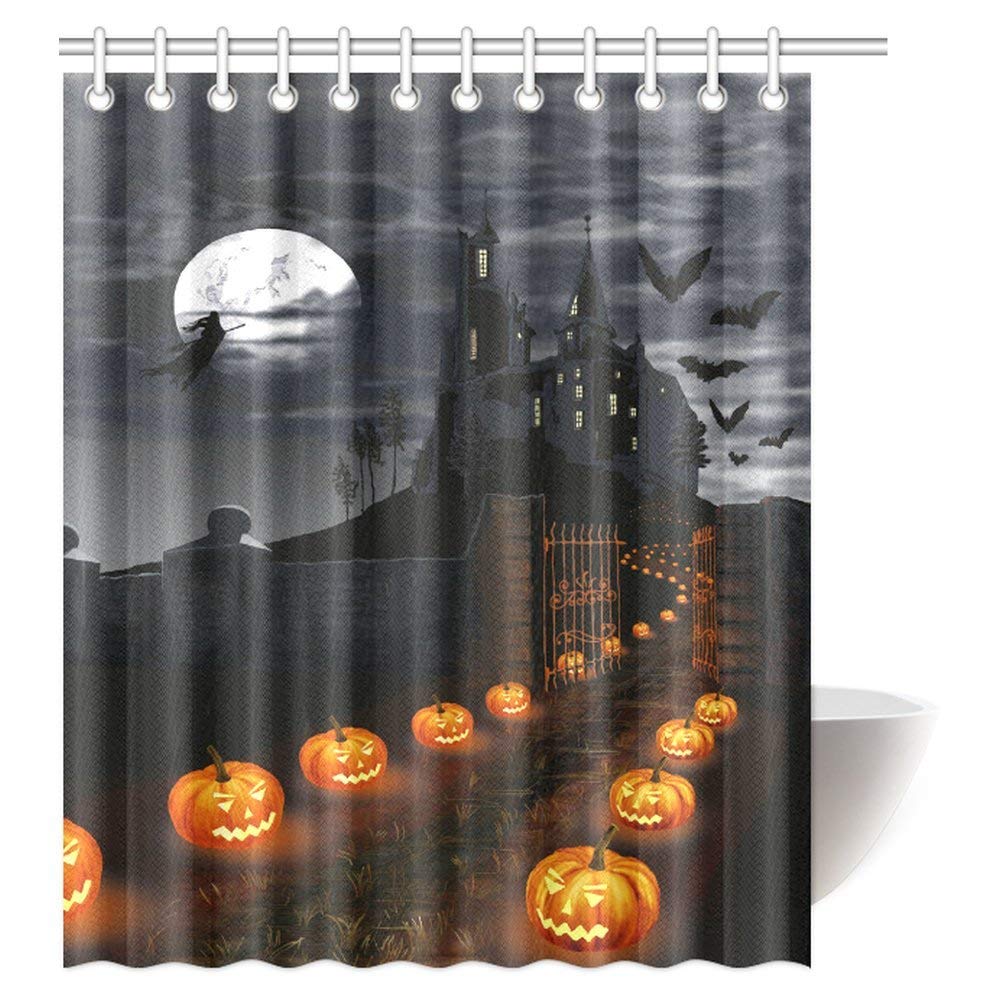 Creative Halloween Castle with Pumpkins Shower Curtain, Witch Flying in Full Moon Night Bathroom Shower Curtain with Hooks