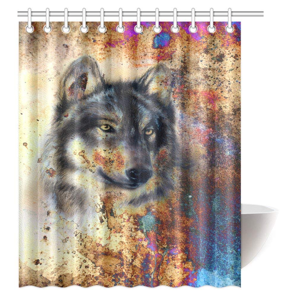 Animal Wolf Shower Curtain, Wolf Painting with Colorful Background Polyester Fabric Bathroom Shower Curtai