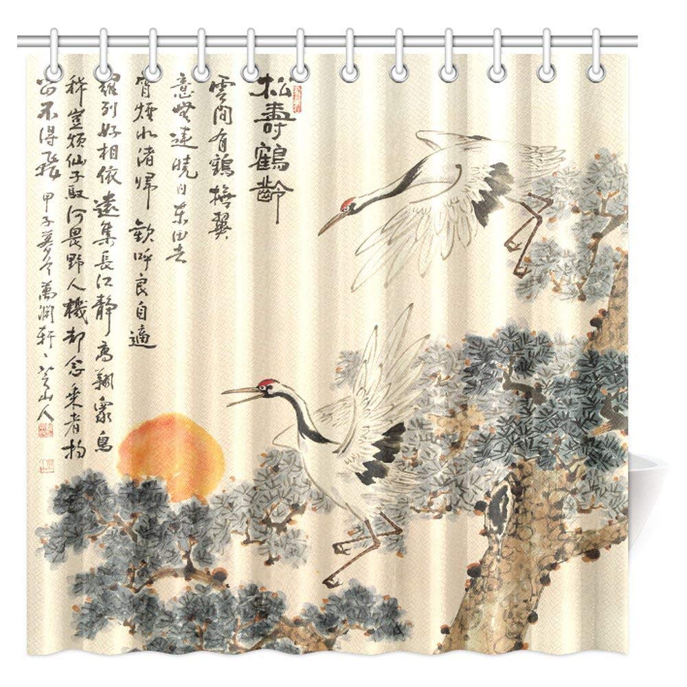 Asian Shower Curtain, Traditional Chinese Painting Pine Trees and Crane Flying Landscape Decor Art Prints Fabric Bathroom Shower Curtain with Hooks