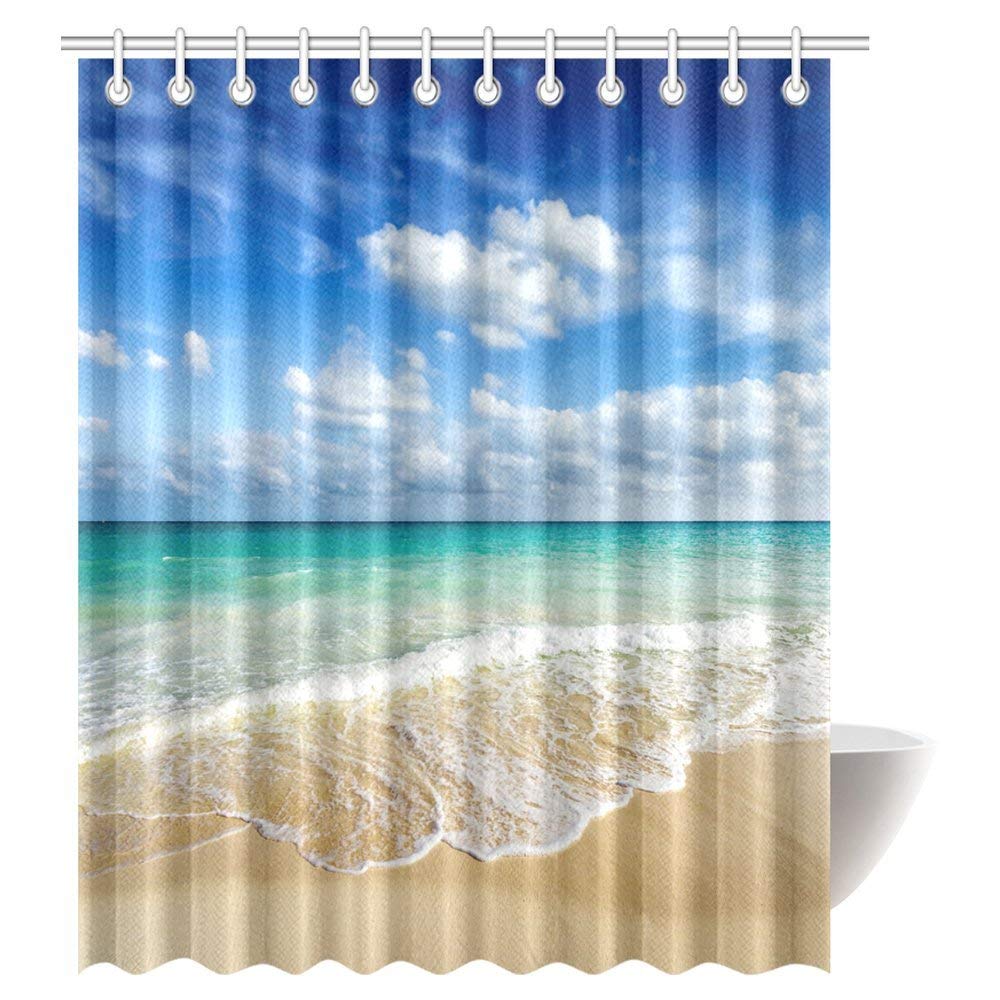 Beach Ocean Theme Shower Curtain, Wavy Ocean Surface Scenery Polyester Fabric Mildew Resistant And Waterproof Bath Curtains, 69 By 84 Inches