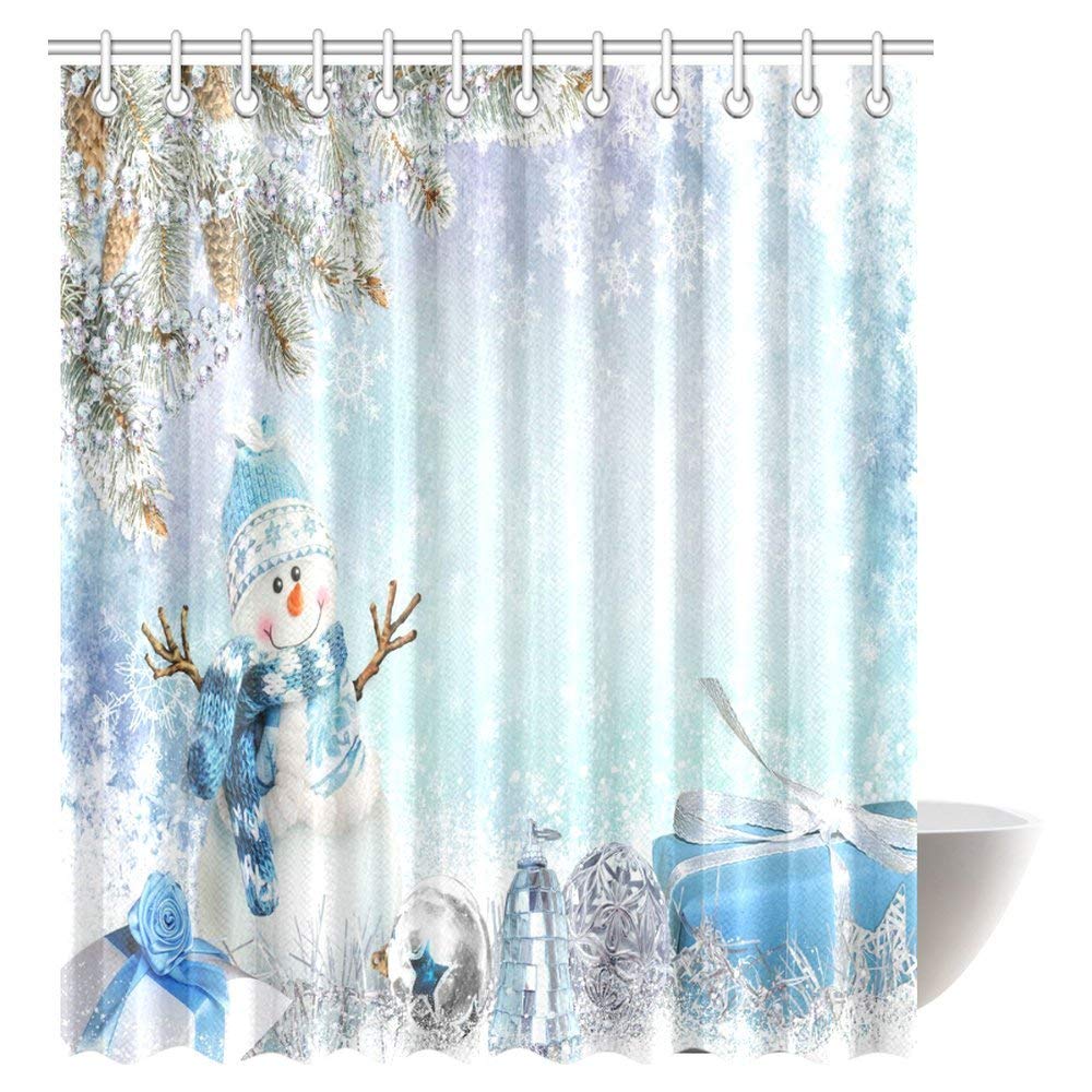 Christmas Decorations Collection, Christmas Greeting Cute Snowman and Gifts Pine Branches Winter Landscape Bathroom Shower Curtain Set with Hooks