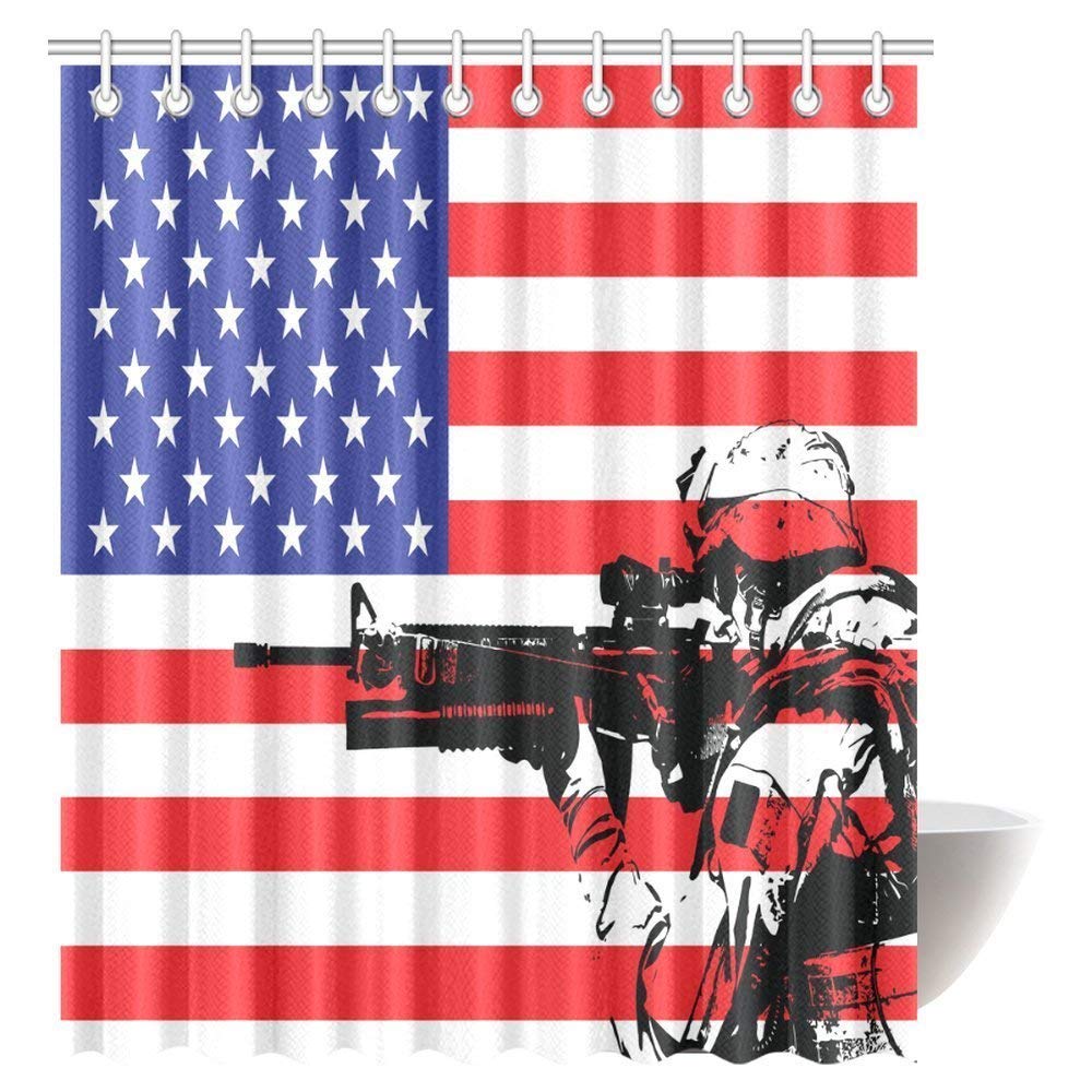 American Flag Themed Monogram USA Military Soldier with M16 Rifle Sketchy Image Bathroom Shower Curtain with Hooks