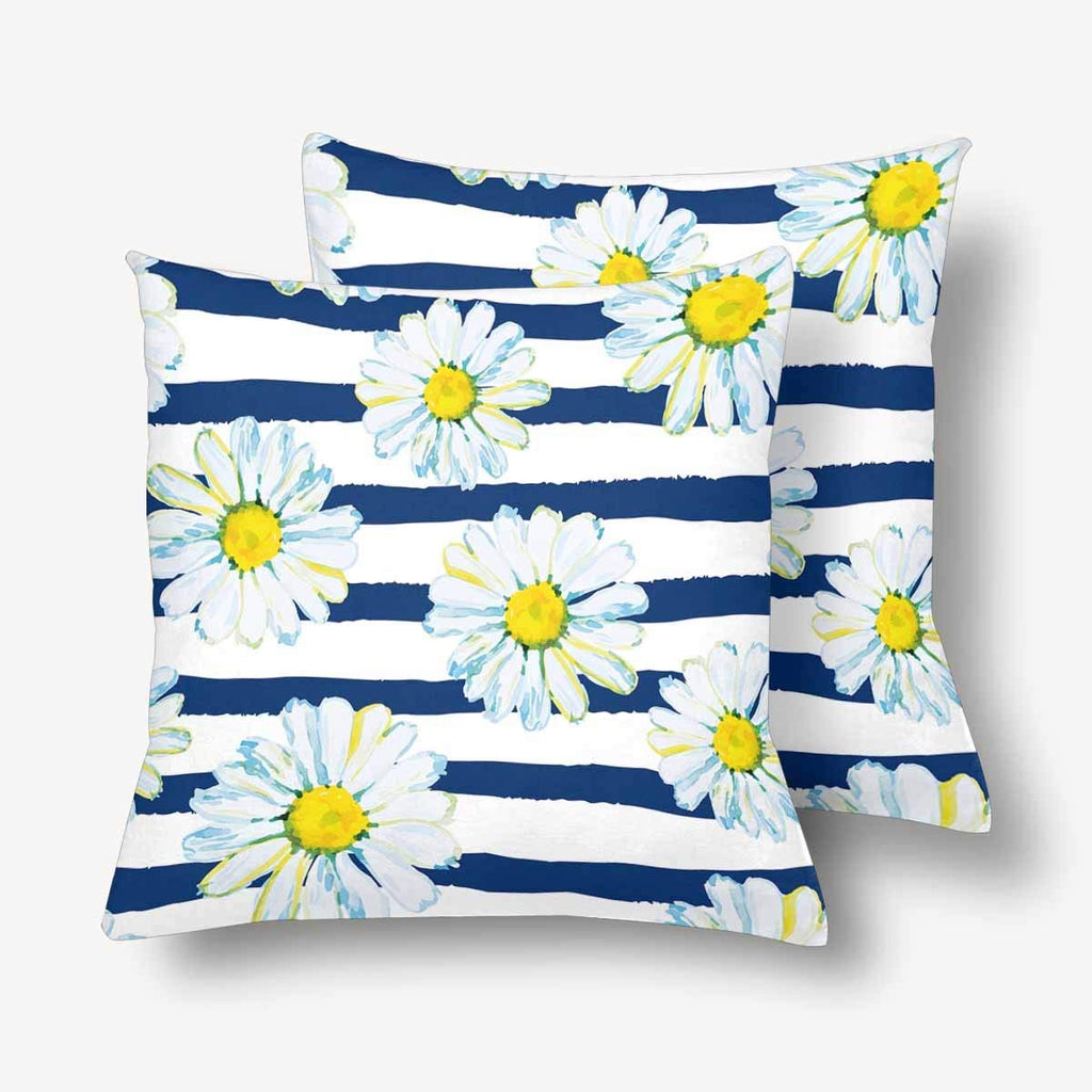 Daisy Striped Nautical Watercolor Wild Summer Flower Pillowcase Throw Pillow Covers 18x18 Set of 2, Pillow Sham Cases Protector for Home Couch Sofa Bedding Decorative