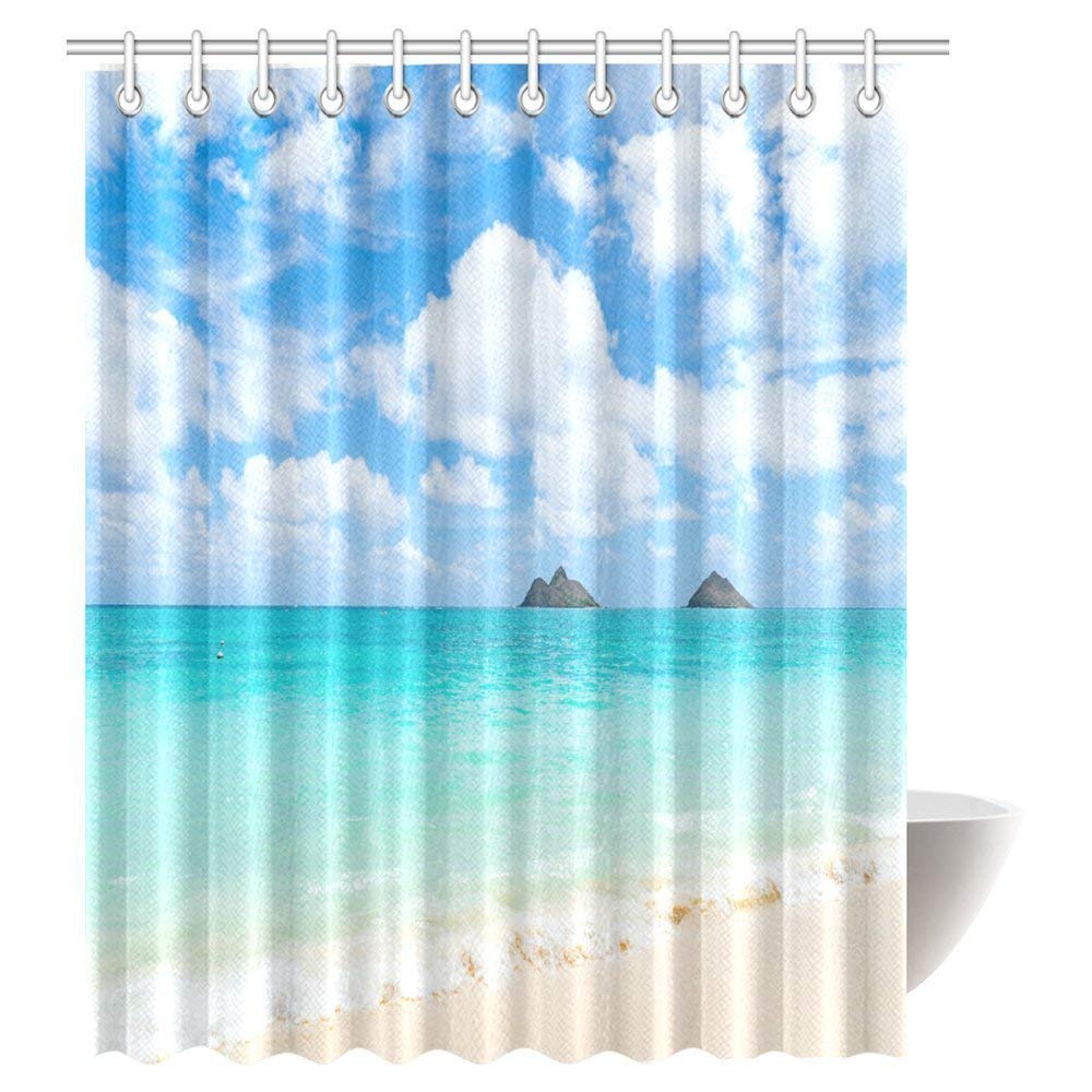 Tropical Coastal Contemporary Modern Decor Shower Curtain, Seascapes Ocean Beach Landscape Fabric Bathroom Shower Curtain Set with Hooks