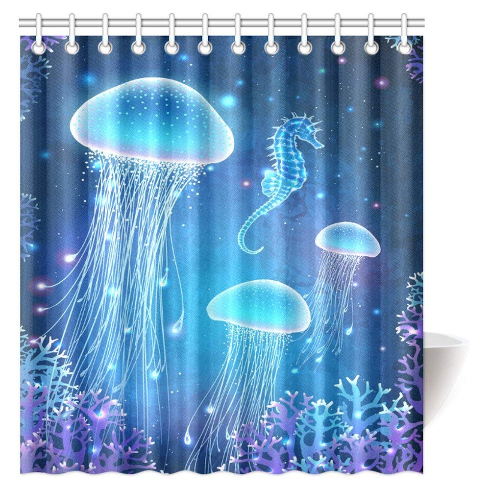 Nautical Decor Shower Curtain, Magic Glowing Jellyfish Ocean Underwater Life Fabric Bathroom Decor Shower Curtain Set with Hooks