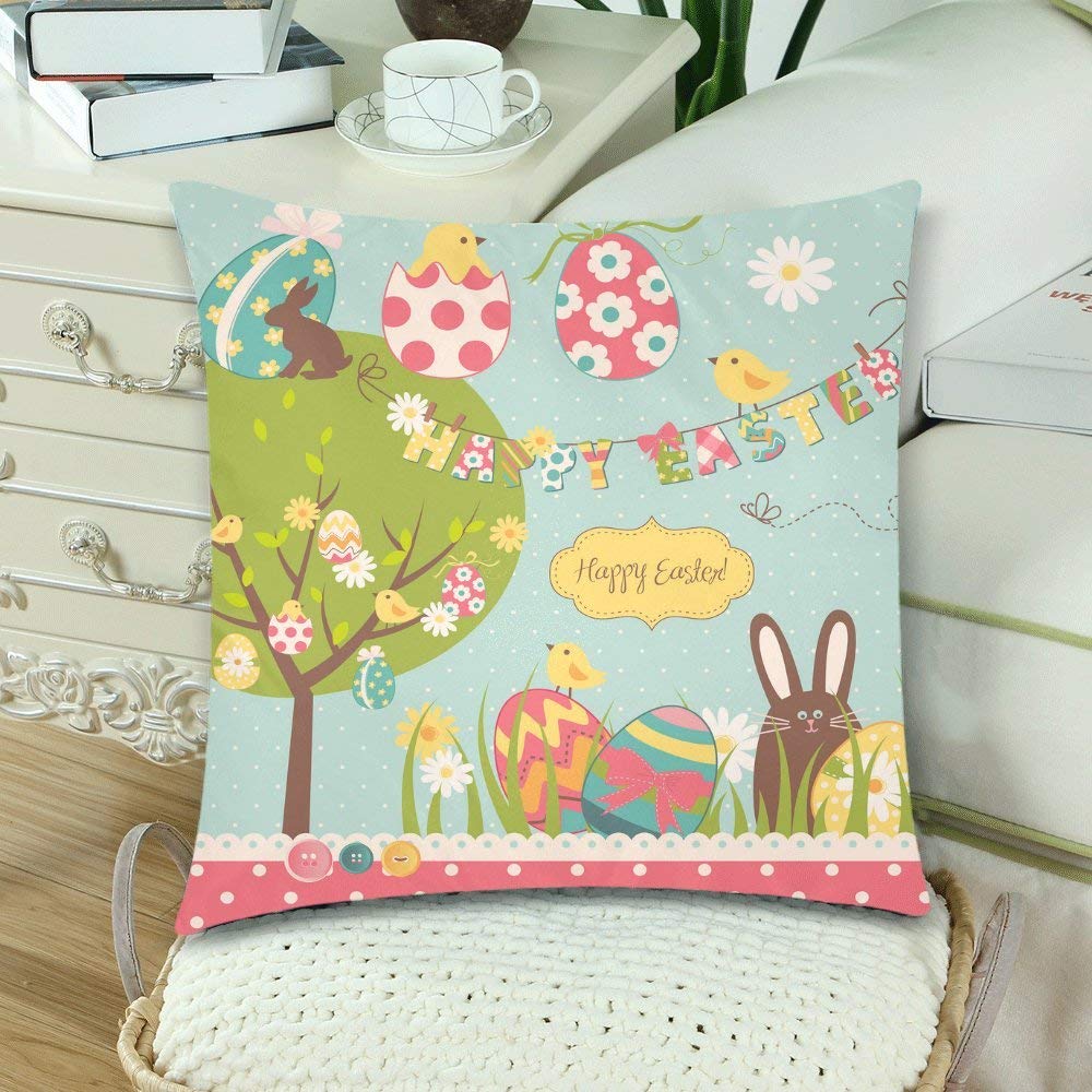 Easter Set with Cute Rabbit Colourful Eggs Pillow Covers 18x18 for Couch Bed