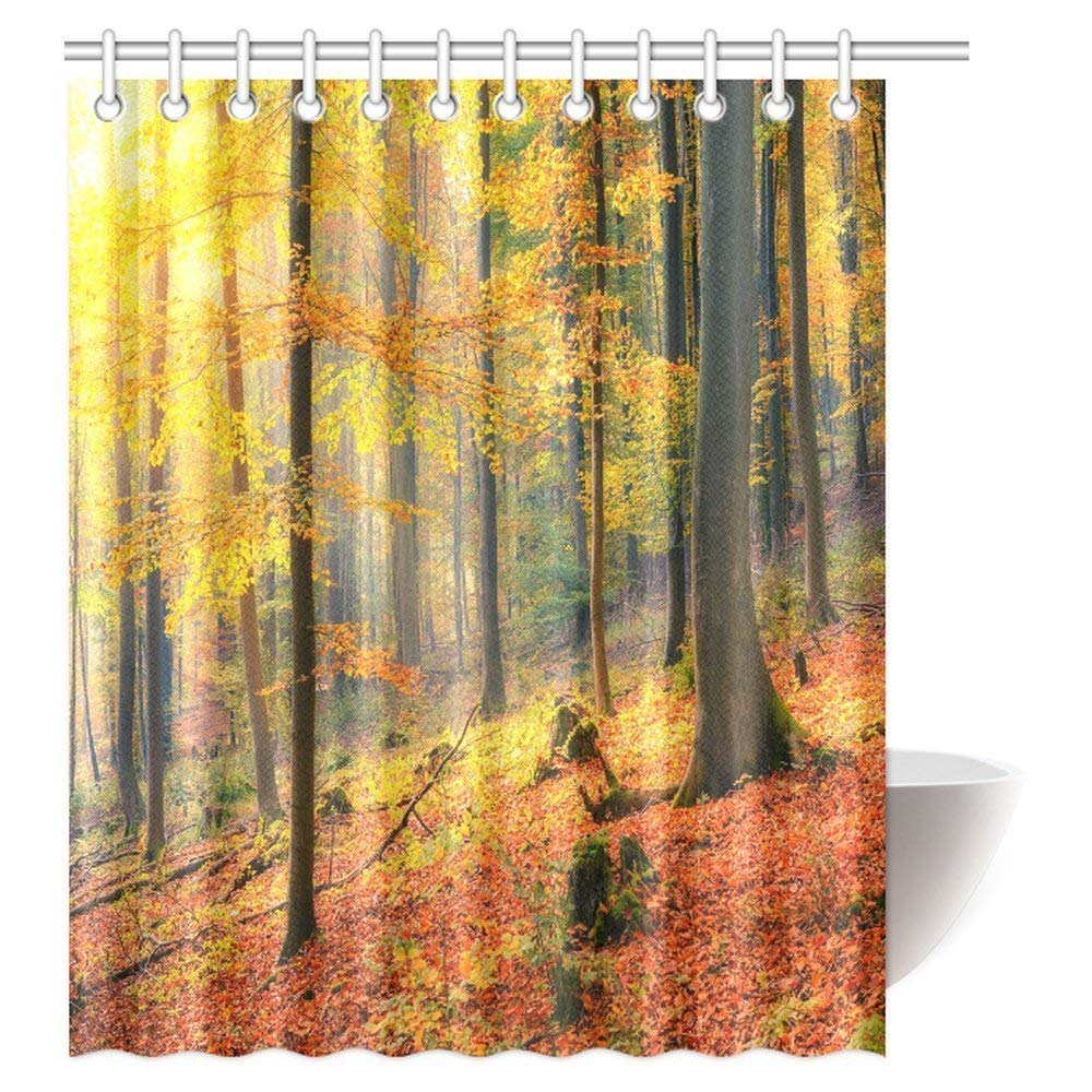 Farm House Decorations Collection, Majestic Landscape with Colorful Autumn Trees Foggy Forest Fabric Bathroom Shower Curtain Set