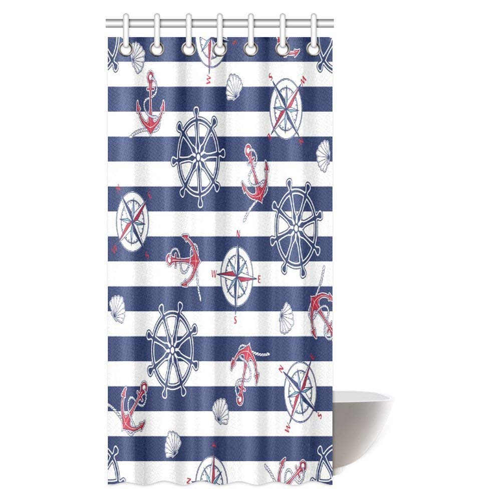 Nautical Decor Shower Curtain Set, Patchwork Themed Different Sea Icons in Striped Setting Navigation Yachting Decorative Bathroom Shower Curtain Set with Hooks