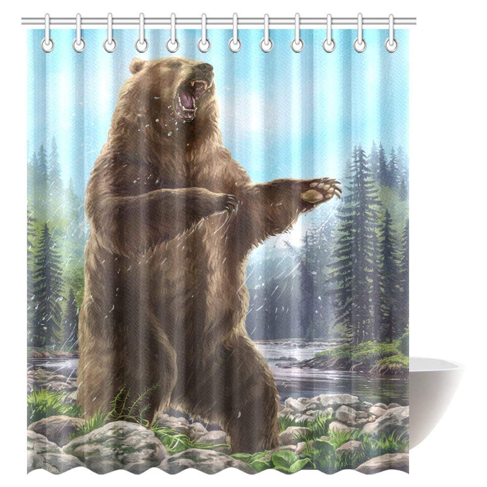 Funny Animal Shower Curtain, Hipster Aggressive Bear Wild Animal in the Forest Decor Bathroom Shower Curtain Set with Hooks