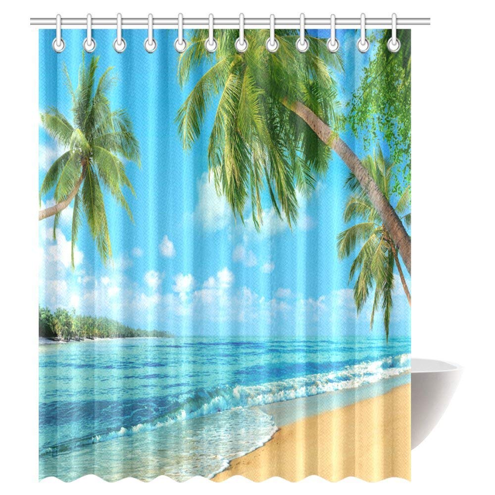 Tropical Island Decor, Oceanfront Waves Palm Trees Beach Turquoise Picture Print, Polyester Fabric Bathroom Shower Curtain Set with Hooks, 69 by 84 Inches