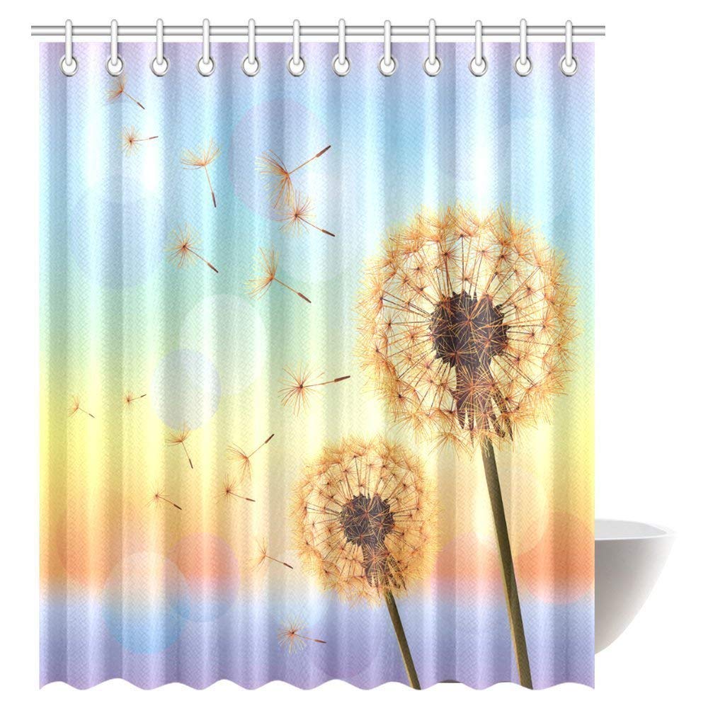 Dandelion Decorations Shower Curtain, Dandelion Floral Rainbow Colors Colorful Sunset Sky Bathroom Decor Shower Curtain Set with Hook