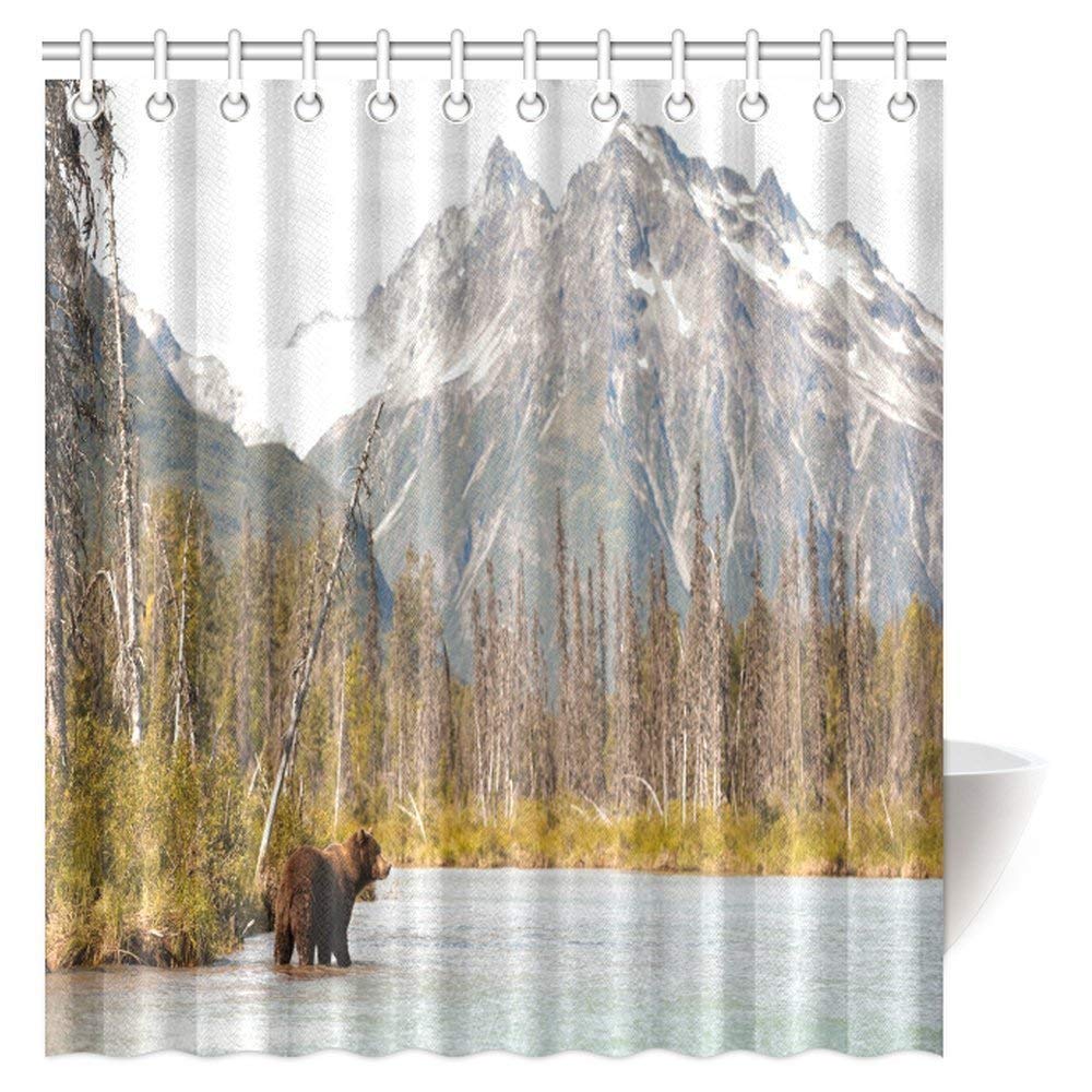 Wildlife Decor Shower Curtain Set, Brown Bear Hunting for Fish Against a Beautiful Alaskan Landscape Fabric Bathroom Shower Curtain