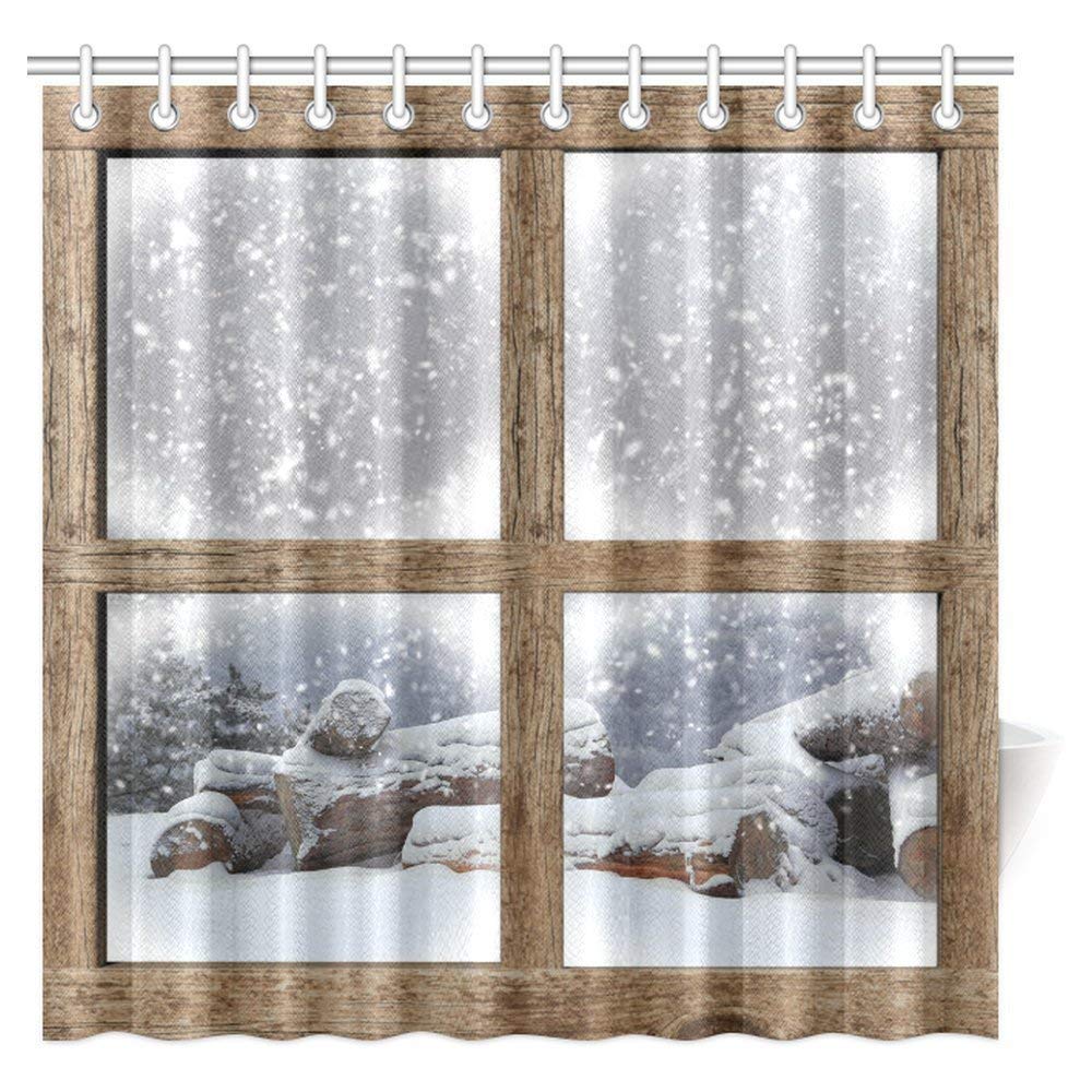 Snowy Winter Day Shower Curtain, View with Firewood Pile From Wooden Window Beauty Fabric Bathroom Shower Curtain with Hooks